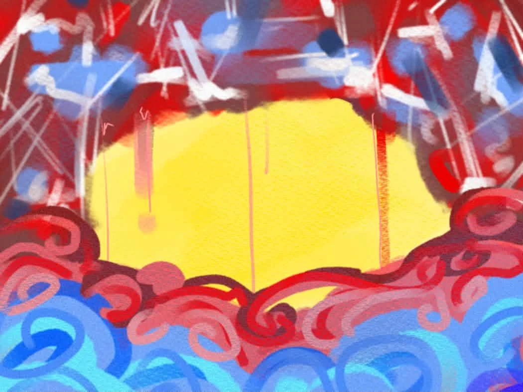Layer 2: red and blue strokes fill the sky above swirling waves.
