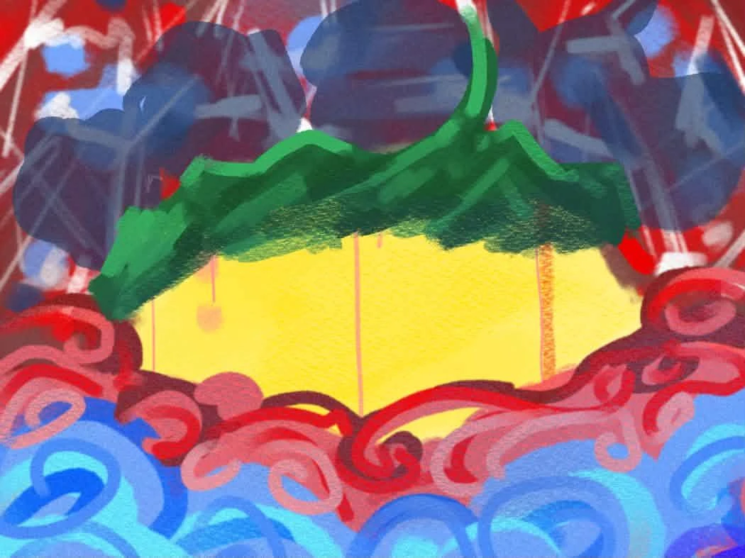 Layer 3: a green form spreads across the yellow centre.