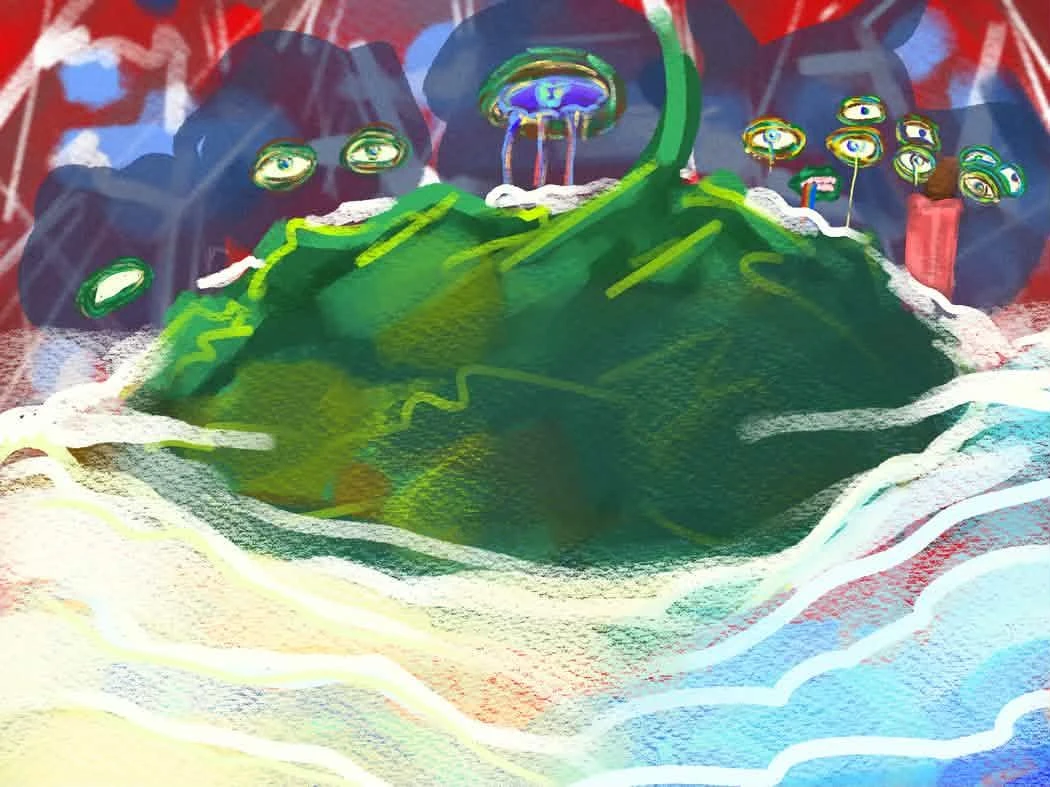Layer 4: the green form becomes an island, watched by many eyes.