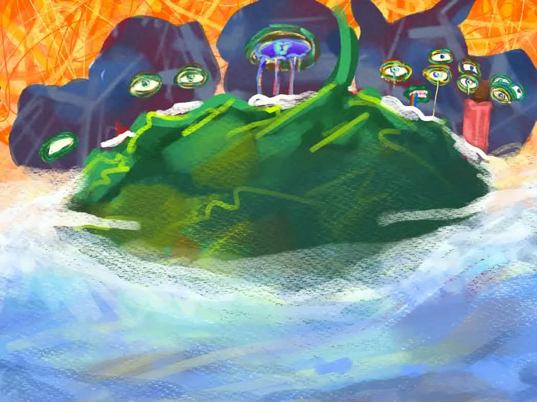 Layer 5: the sky behind the island turns orange.
