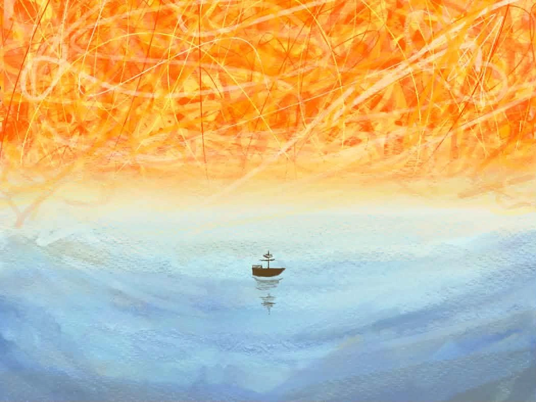 Layer 6, the final painting: a lone boat on a calm sea beneath a burning orange sky.