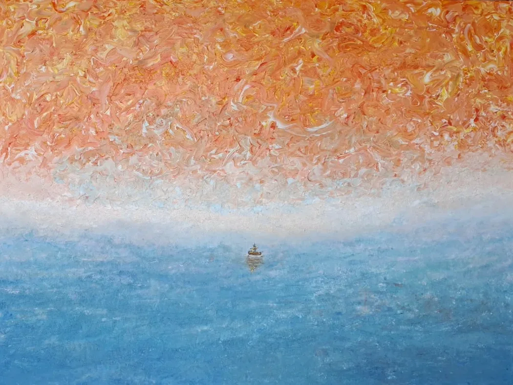 The final painting: a lone boat on a calm sea beneath a burning orange sky.
